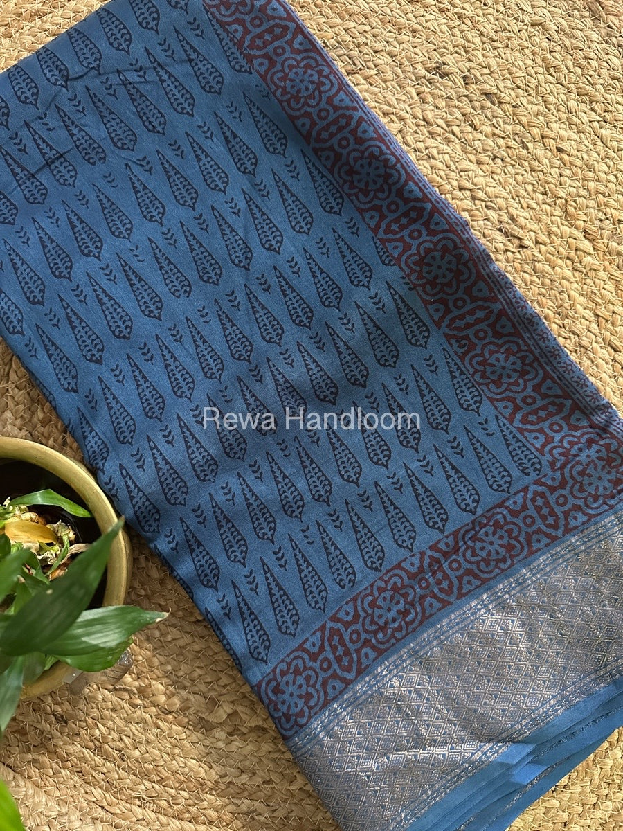 Maheshwari Dark Denim blue Bagh Print Saree BPSS019