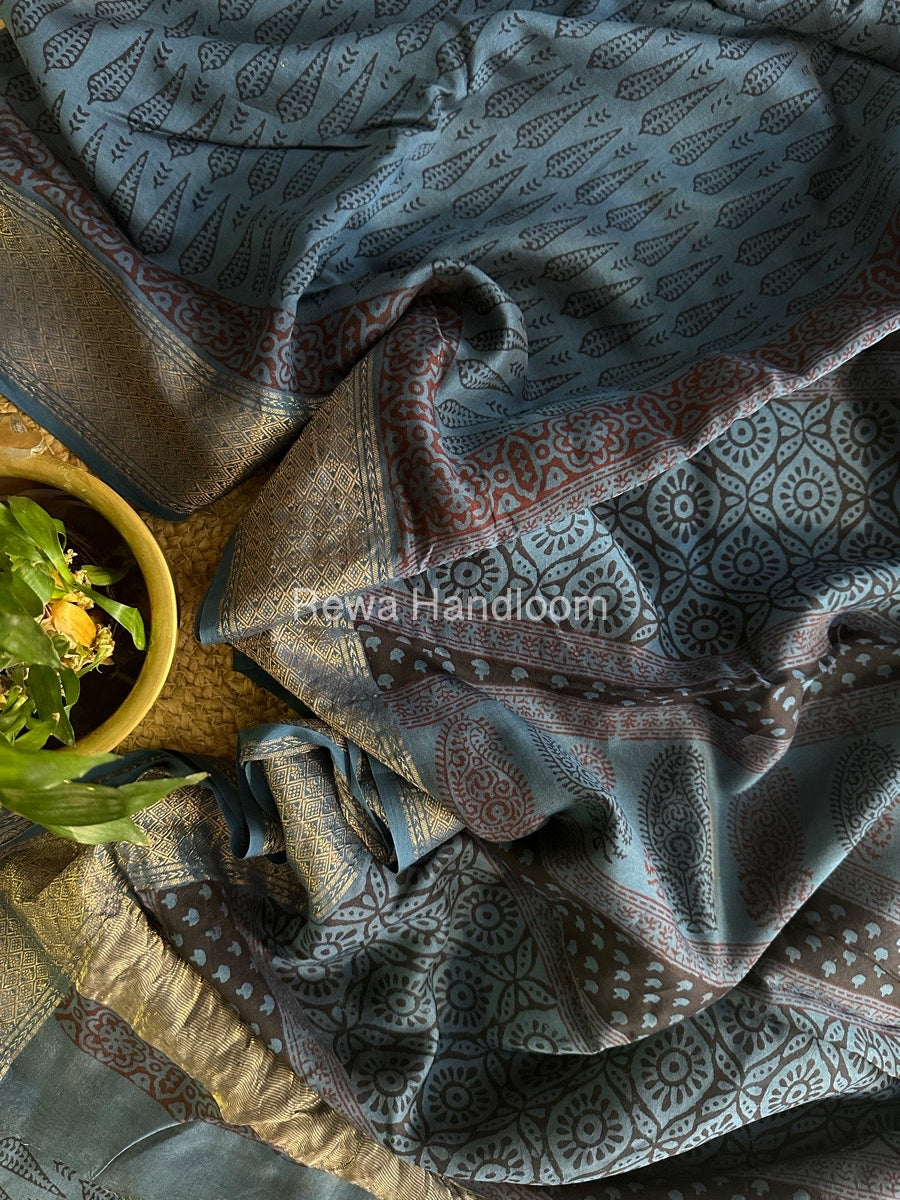 Maheshwari Dark Denim blue Bagh Print Saree BPSS019