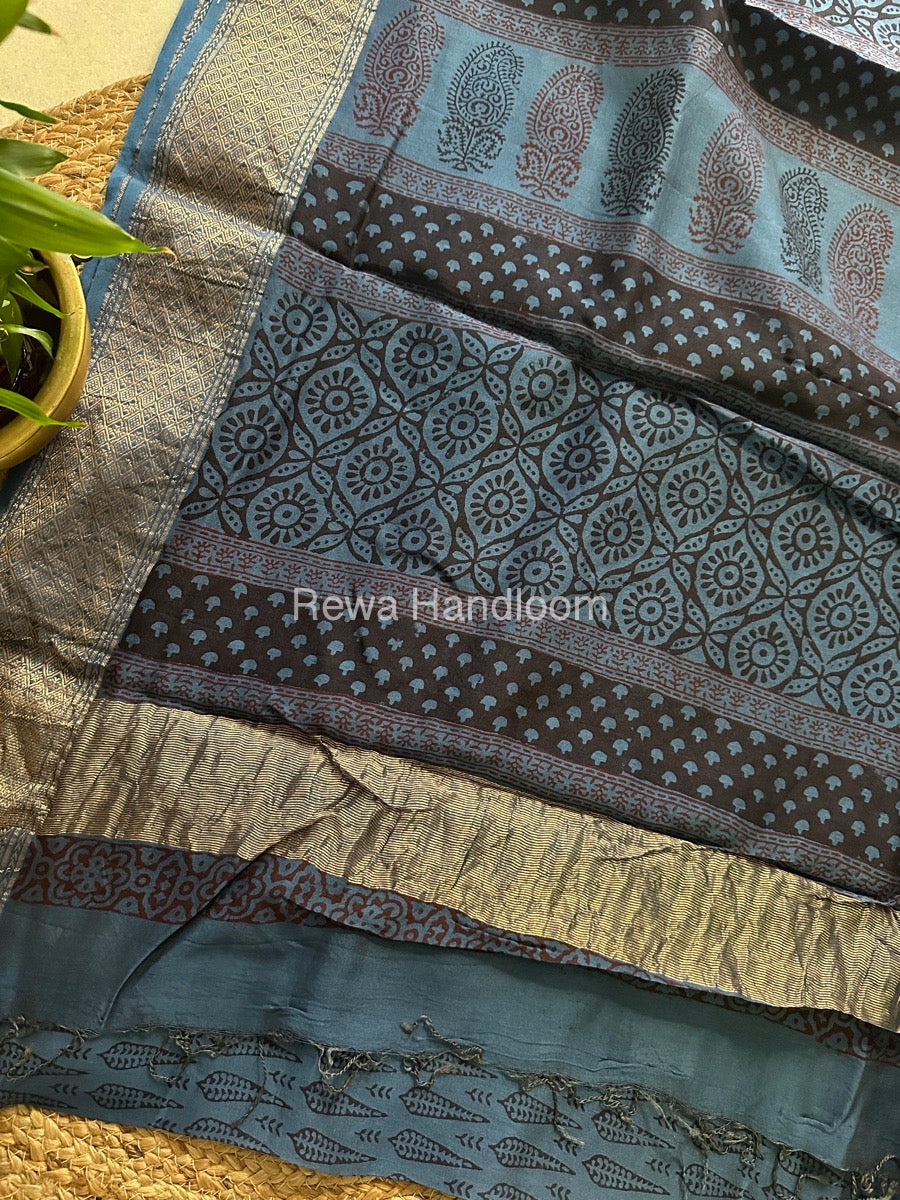 Maheshwari Dark Denim blue Bagh Print Saree BPSS019