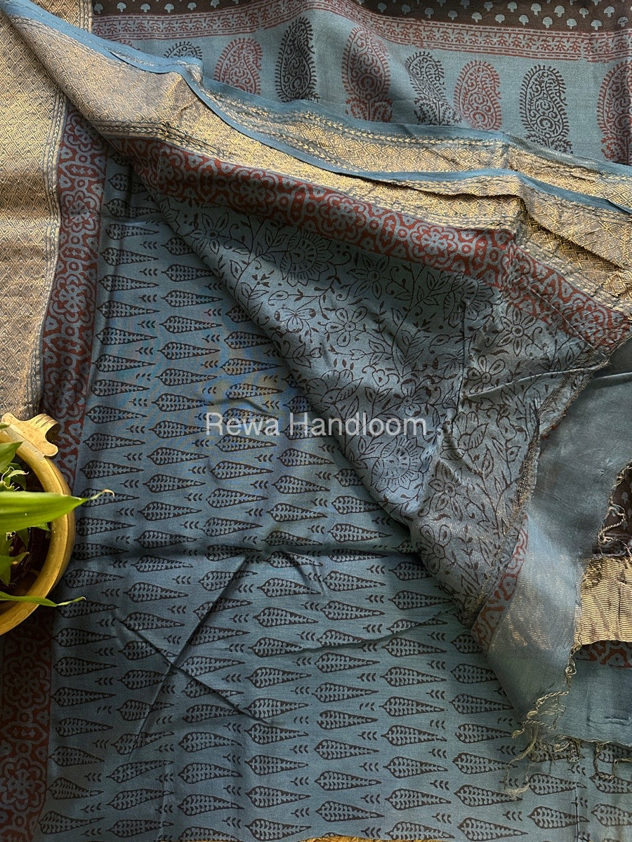 Maheshwari Dark Denim blue Bagh Print Saree BPSS019