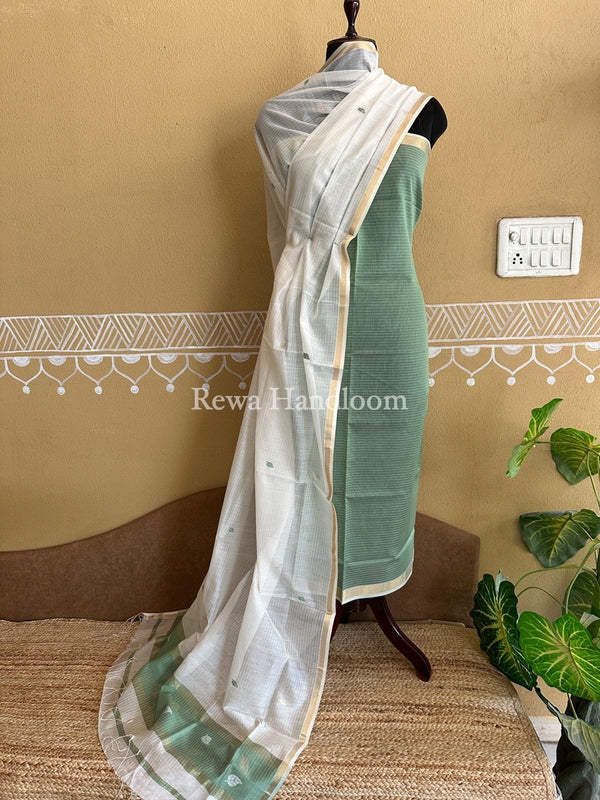 Maheshwari Sea Green-White Patti Butti Top-Dupatta Set PBS09