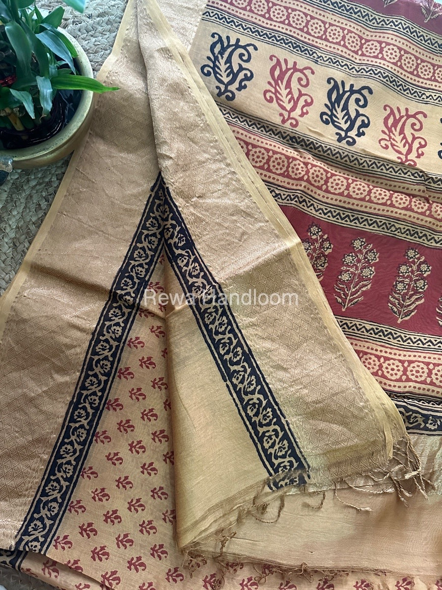Maheshwari Light Yellow Bagh Print Saree BPSS014