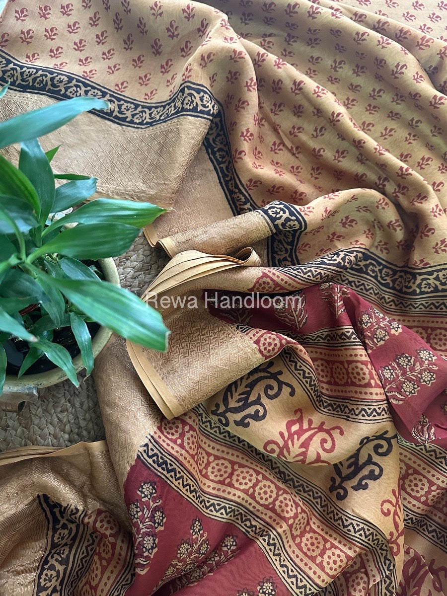 Maheshwari Light yellow Bagh Print Saree BPSS014