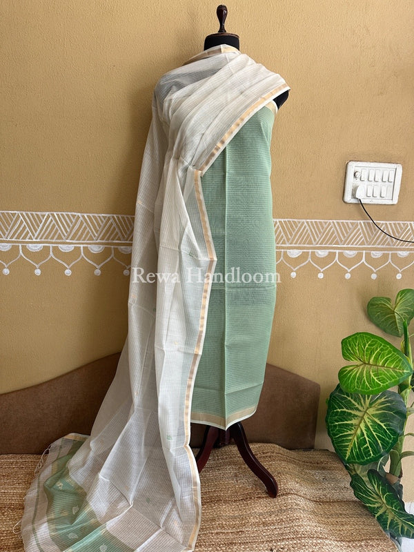 Maheshwari Light Pista Green-White Patti Butti Top-Dupatta Set PBS017