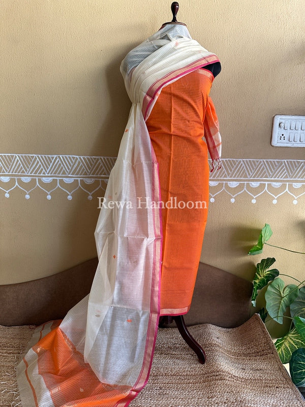 Maheshwari Orange-Cream White Motifs Top-Dupatta Set PST0105