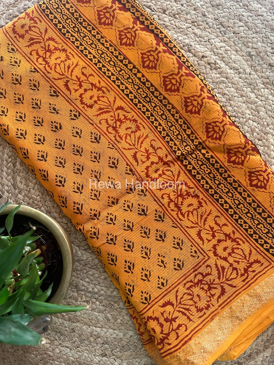 Maheshwari Yellow Bagh Print Small Border Saree MTBS035