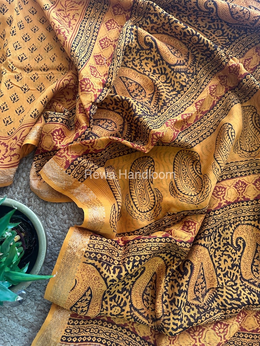 Maheshwari Yellow Bagh Print Small Border Saree MTBS035