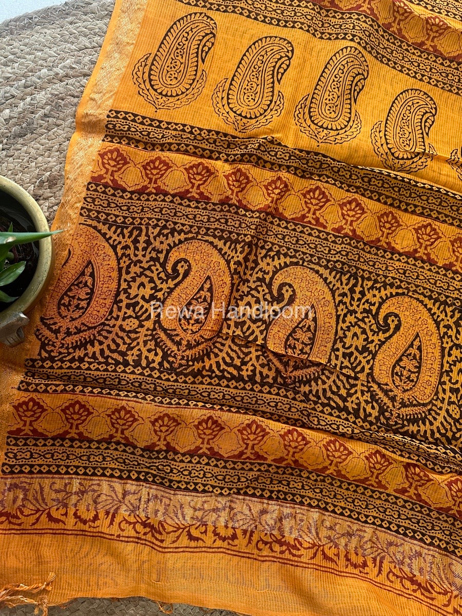 Maheshwari Yellow Bagh Print Small Border Saree MTBS035