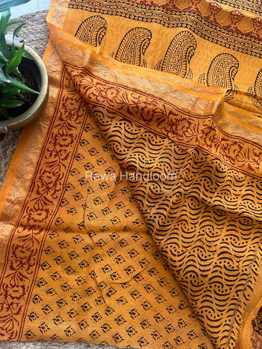 Maheshwari Yellow Bagh Print Small Border Saree MTBS035