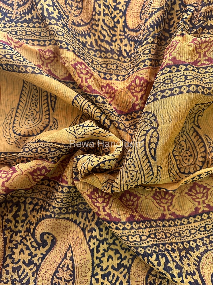 Maheshwari Yellow Bagh Print Small Border Saree MTBS035