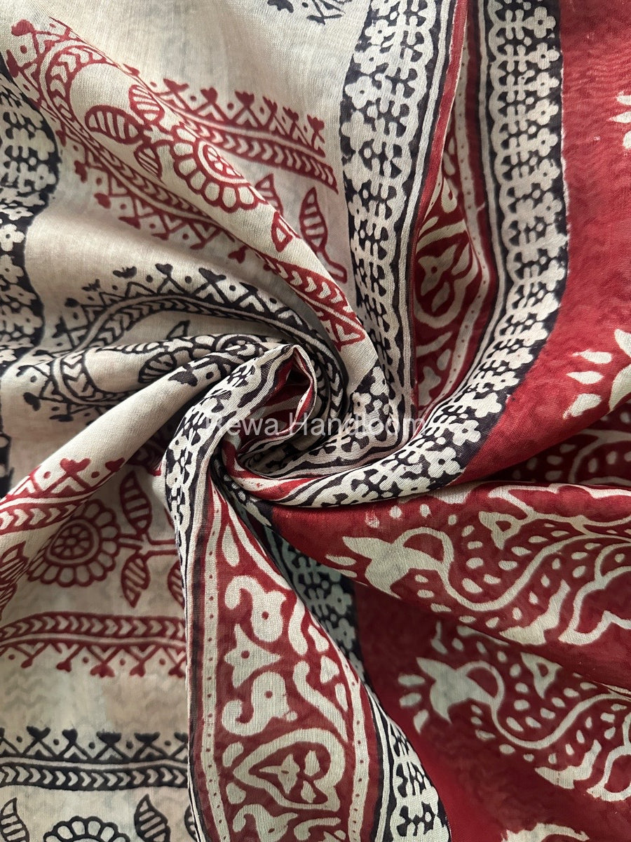 Maheshwari White Red Bagh Print Small Border Saree MTBS031
