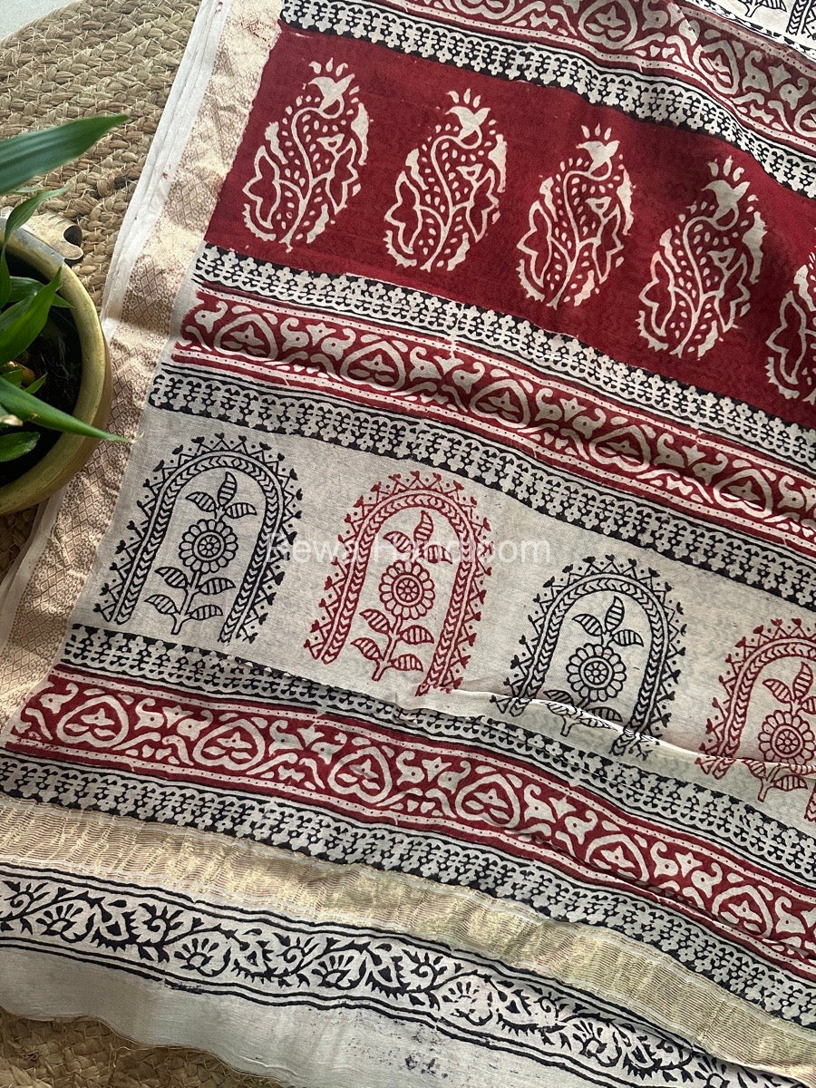 Maheshwari White Red Bagh Print Small Border Saree MTBS031