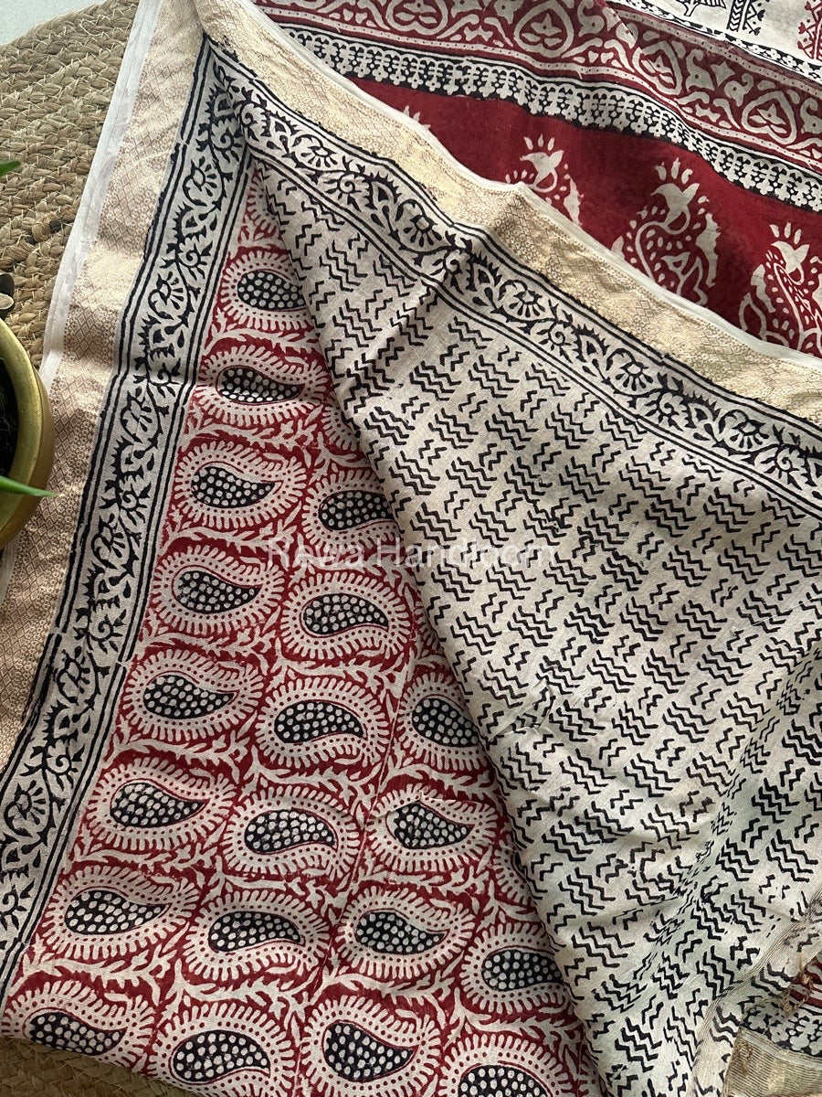 Maheshwari White Red Bagh Print Small Border Saree MTBS031