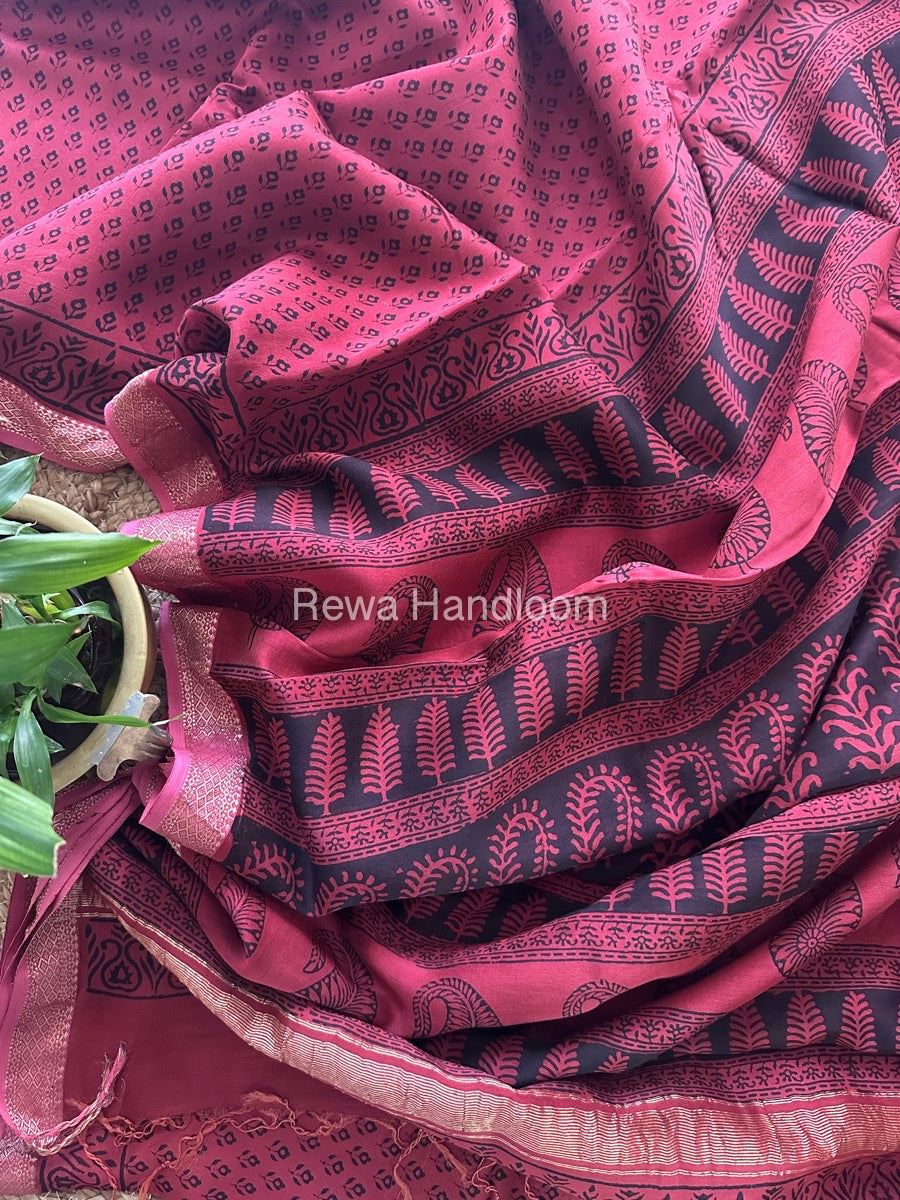 Maheshwari Pink Bagh Print Small Border Saree MTBS025