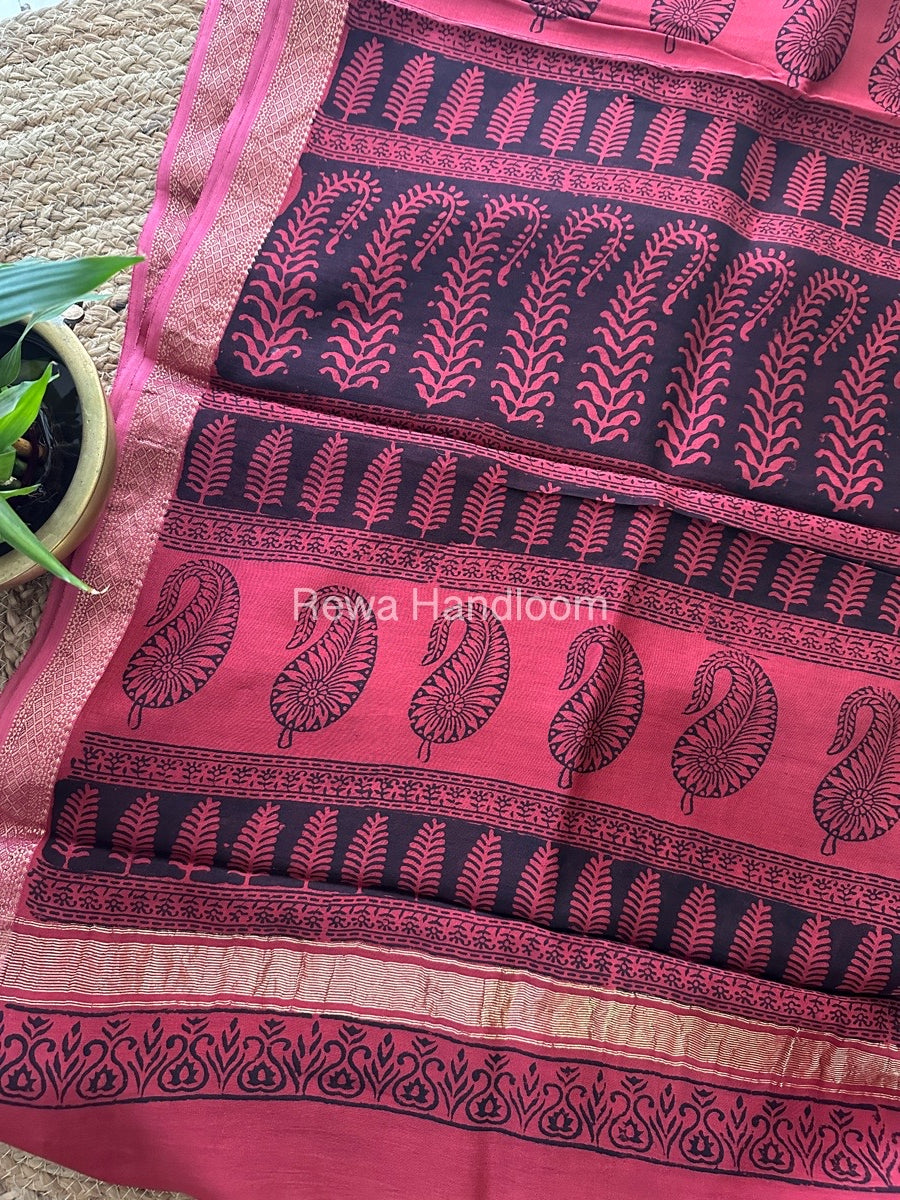 Maheshwari Pink Bagh Print Small Border Saree MTBS025