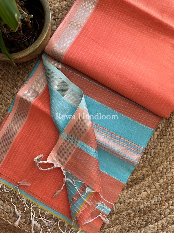 Maheshwari Dark Peach Silver Zari border Saree SGB31