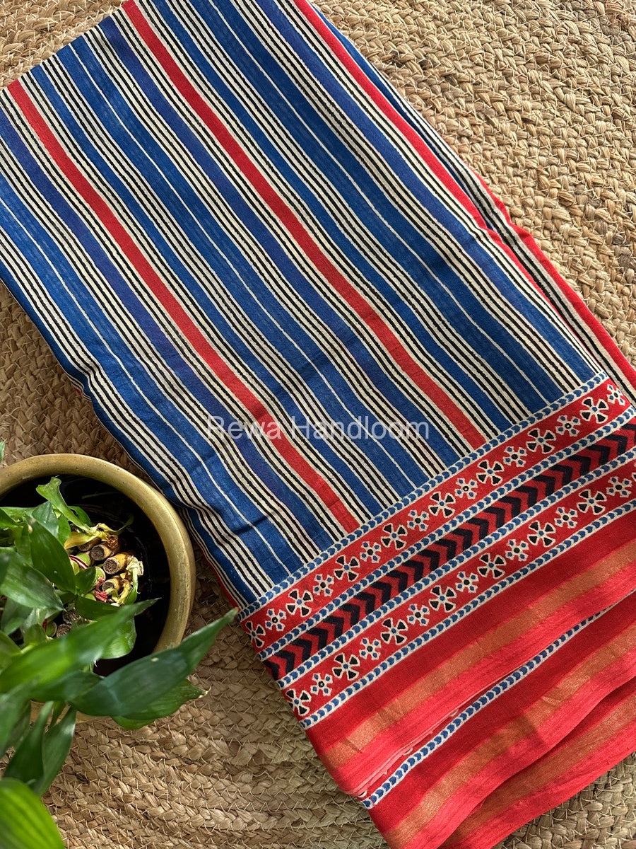 Blue-Red Chanderi Silk Saree CPS09