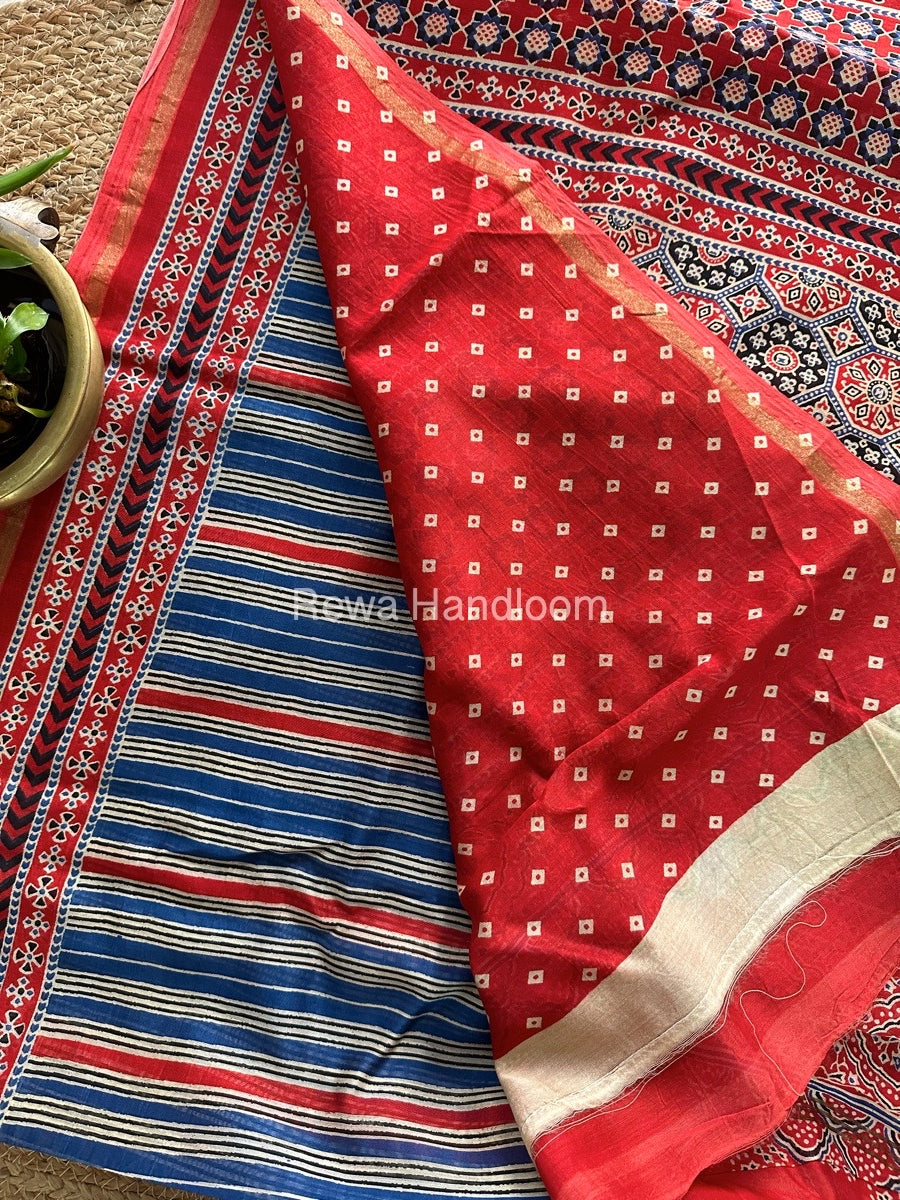 Blue-Red Chanderi Silk Saree CPS09