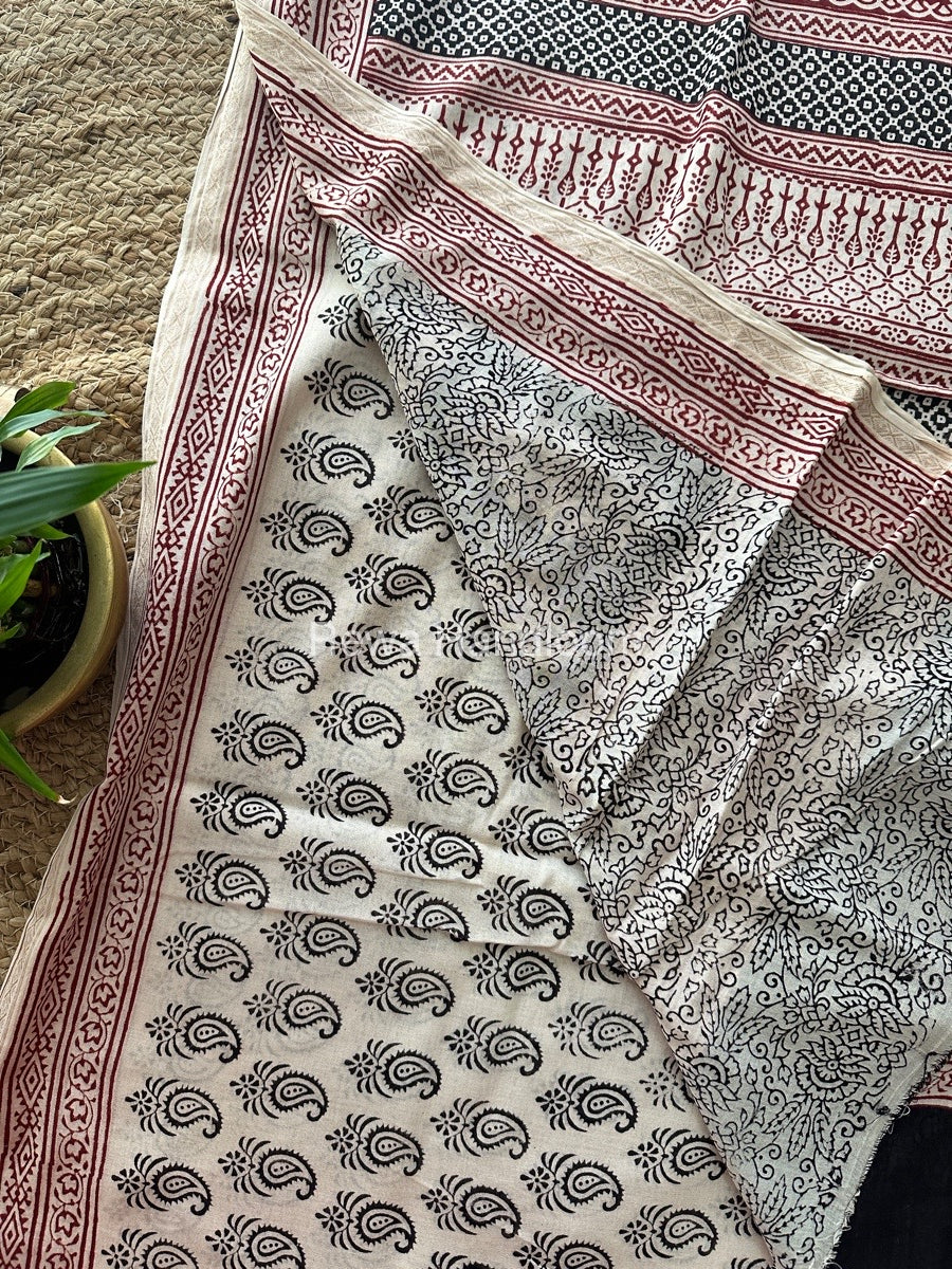 White Black Bagh Print Mercerised Cotton Saree MBP09