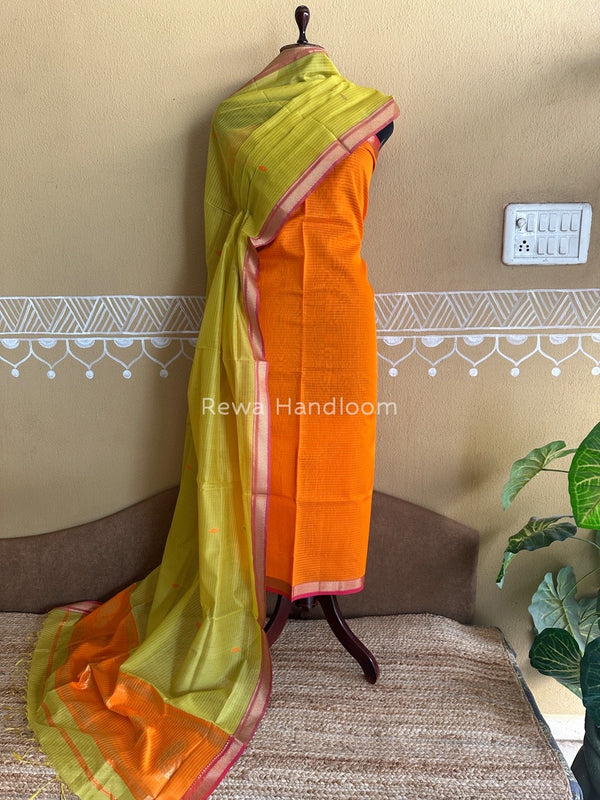 Maheshwari Orange-Dark Lemon Yellow Motifs Top-Dupatta Set PST0165