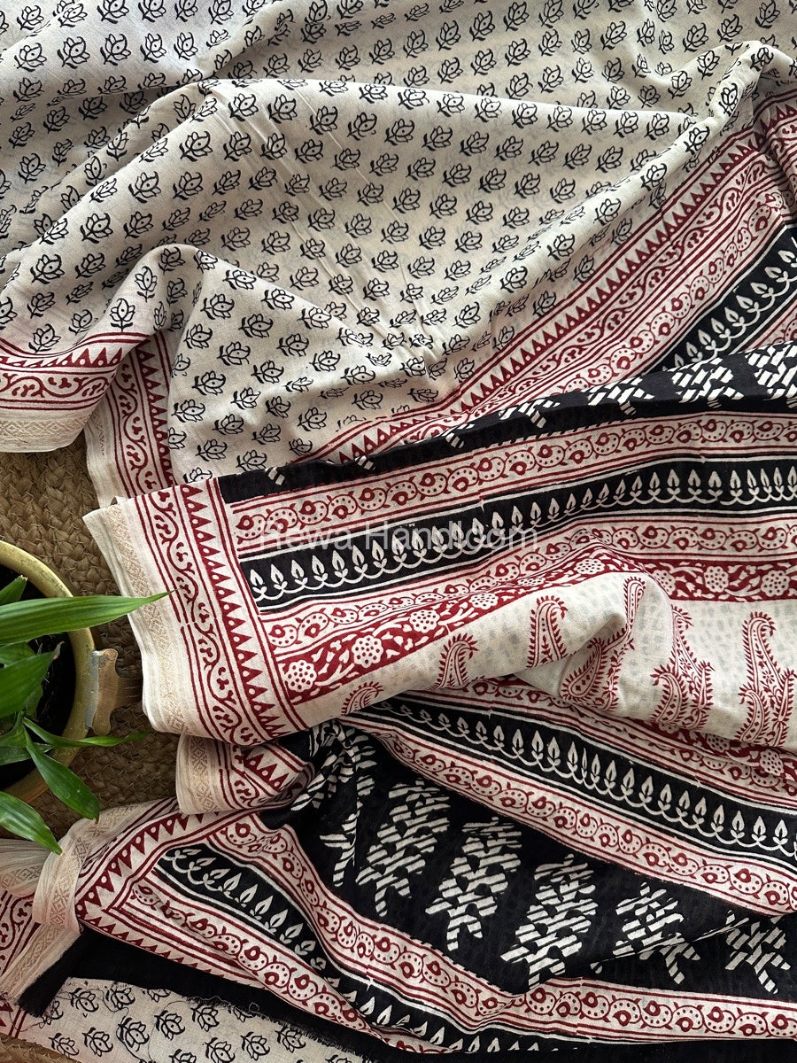 White Bagh Print Mercerised Cotton Saree MBP05