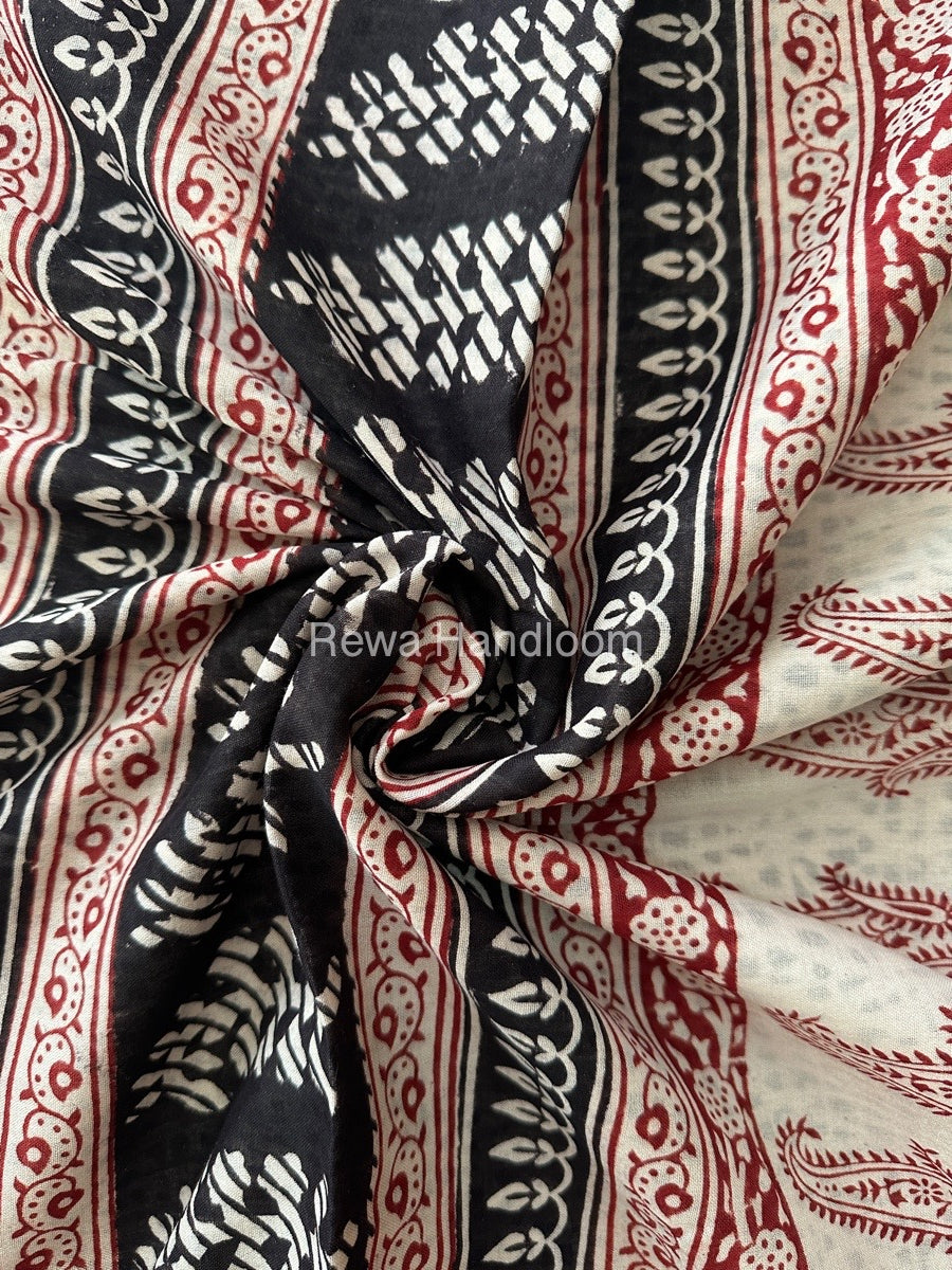 White Bagh Print Mercerised Cotton Saree MBP05