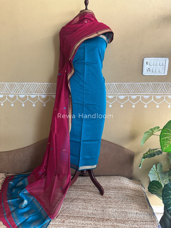 Maheshwari Teal Blue-Magenta Motifs Top-Dupatta Set PST0137