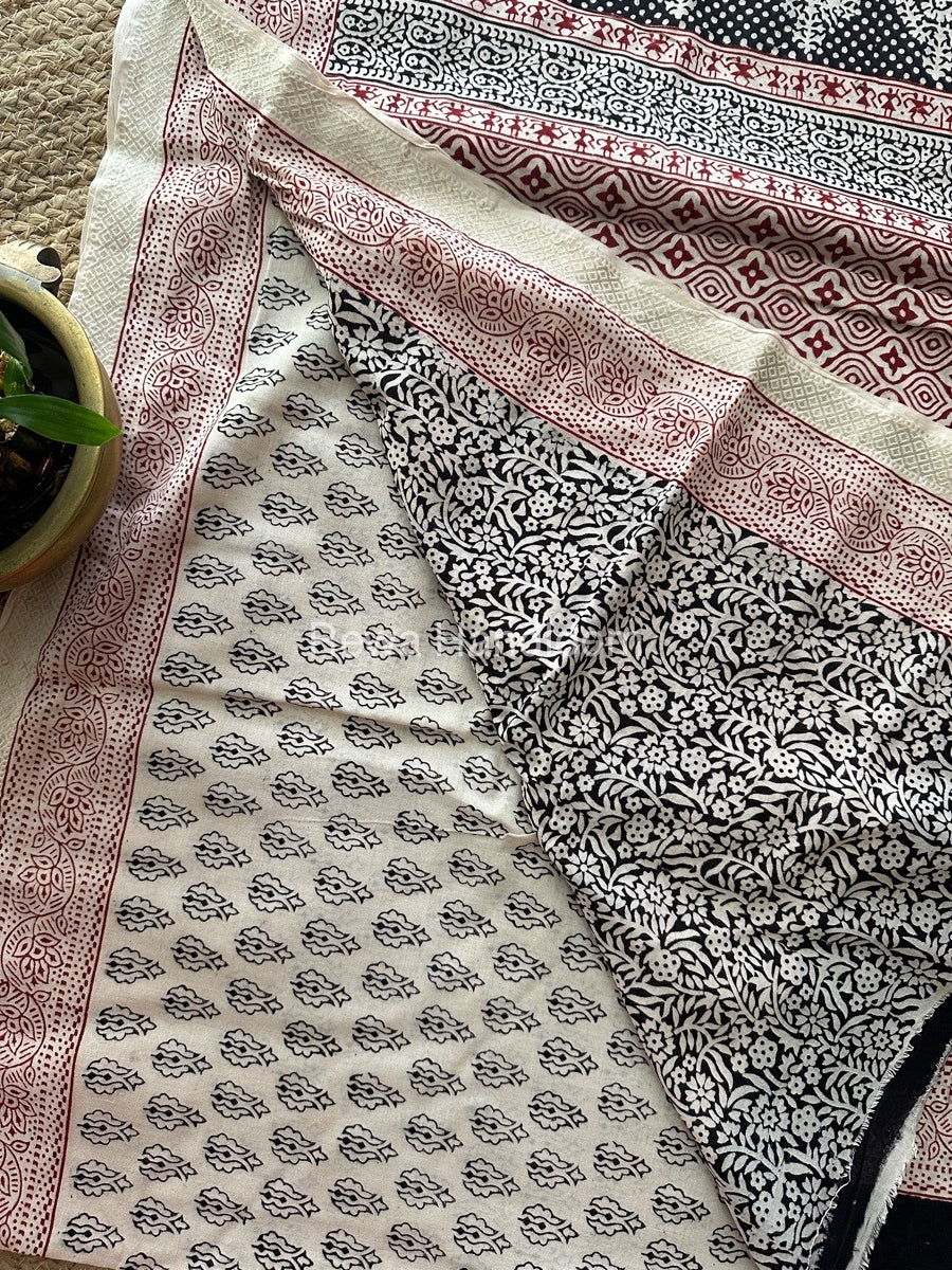 White Bagh Print Mercerised Cotton Saree MBP06