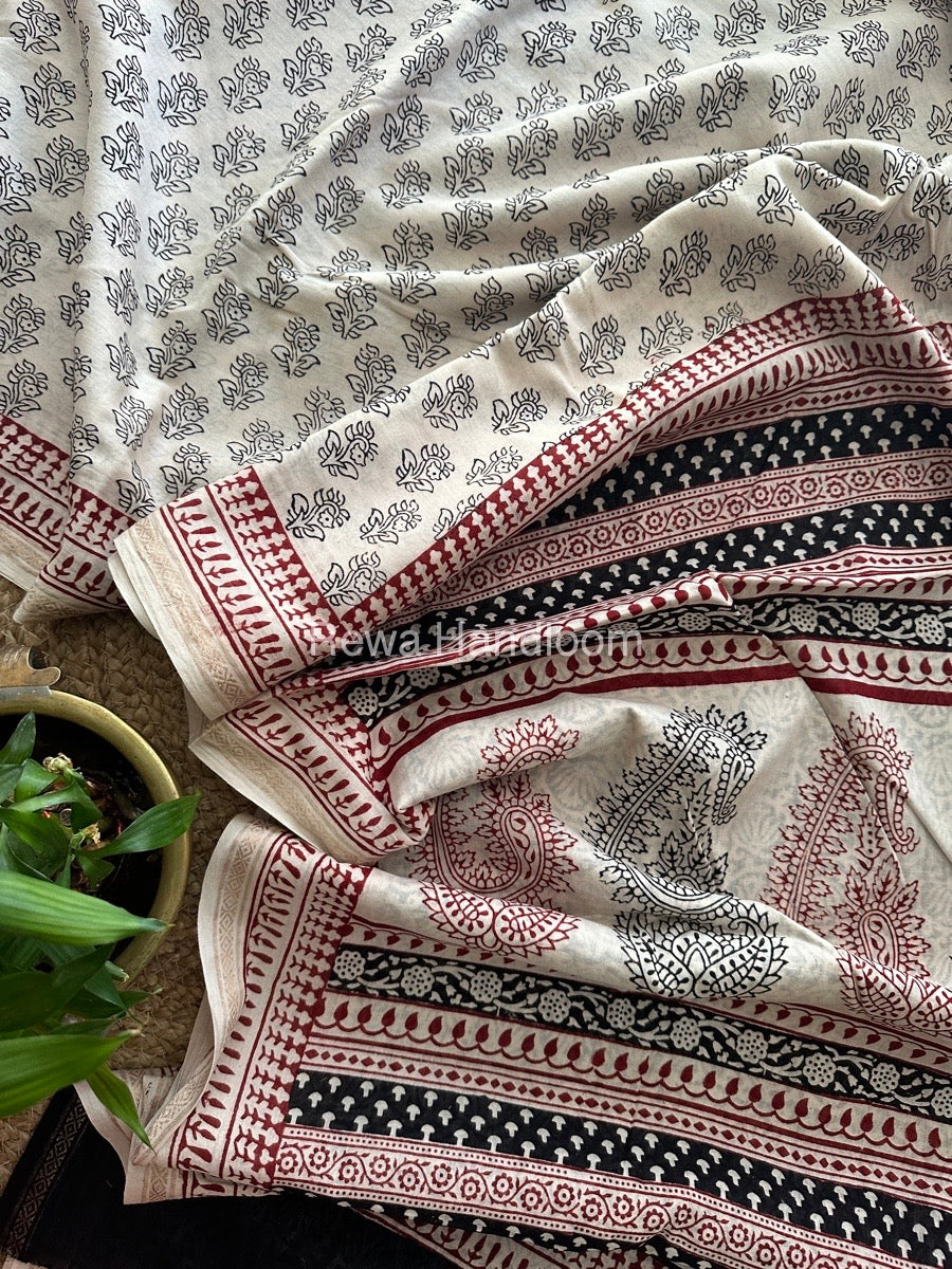 White Bagh Print Mercerised Cotton Saree MBP07