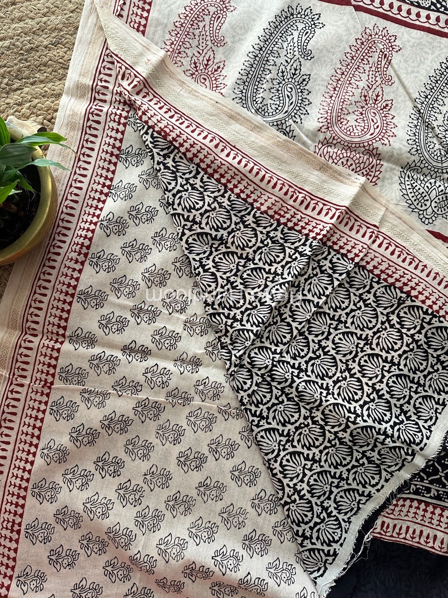 White Bagh Print Mercerised Cotton Saree MBP07