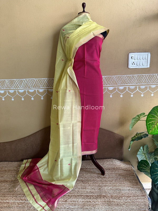 Maheshwari Rani Pink-Cream Yellow Motifs Top-Dupatta Set PST0164