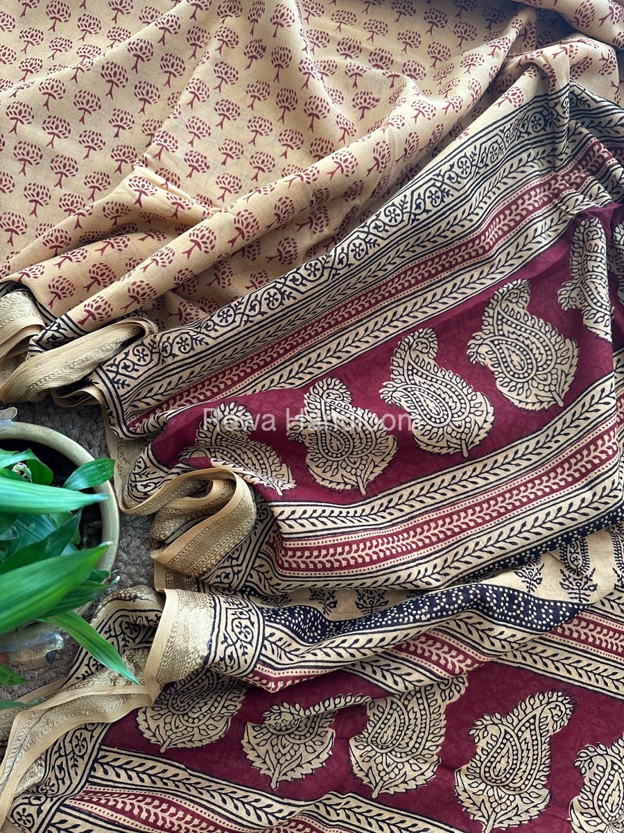 Light Yellow Bagh Print Mercerised Cotton Saree MBP02