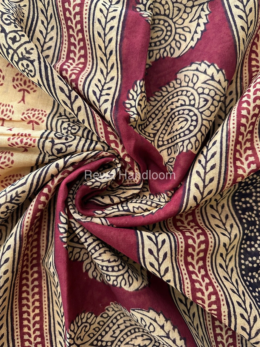 Light Yellow Bagh Print Mercerised Cotton Saree MBP02