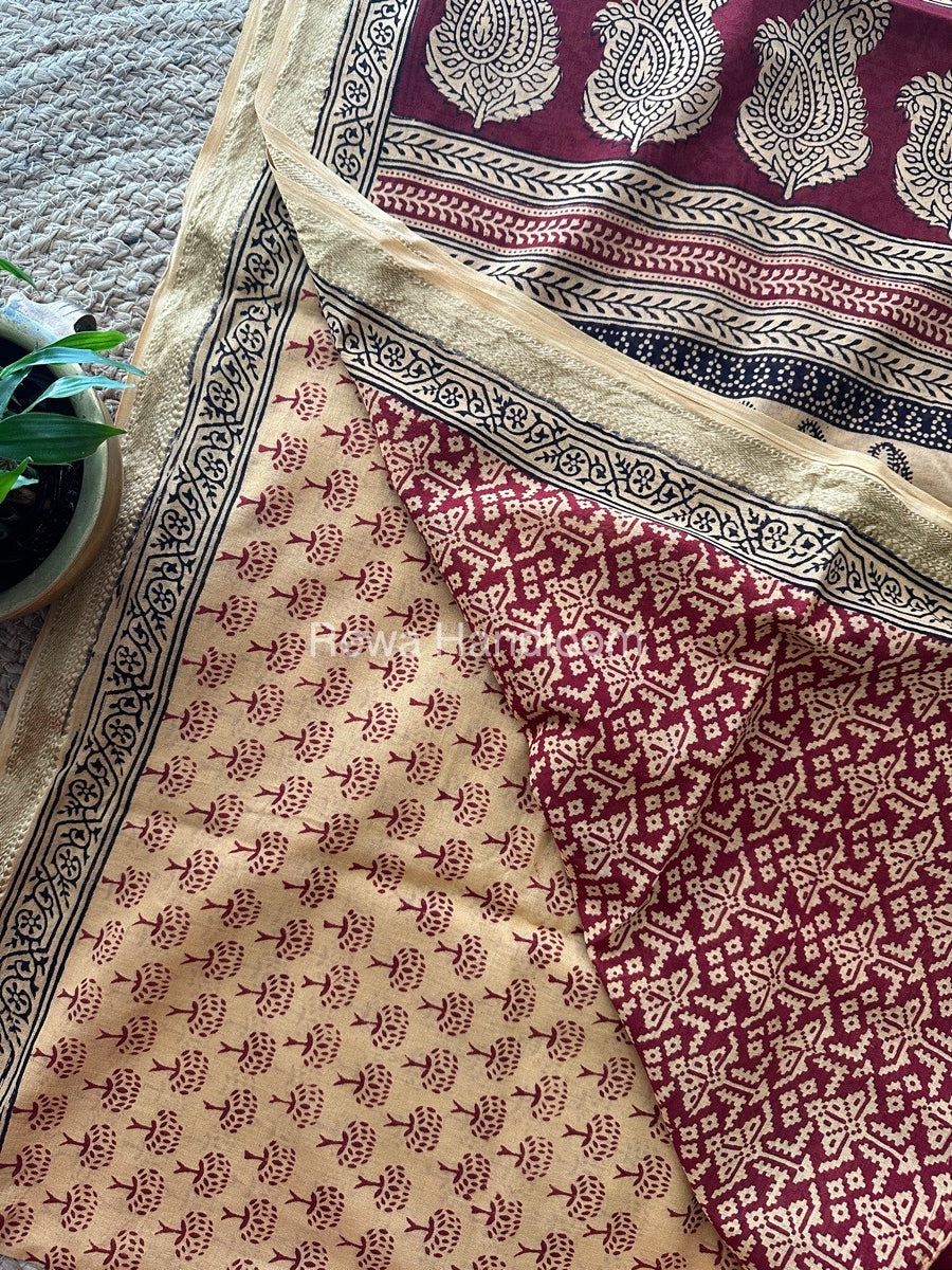 Light Yellow Bagh Print Mercerised Cotton Saree MBP02