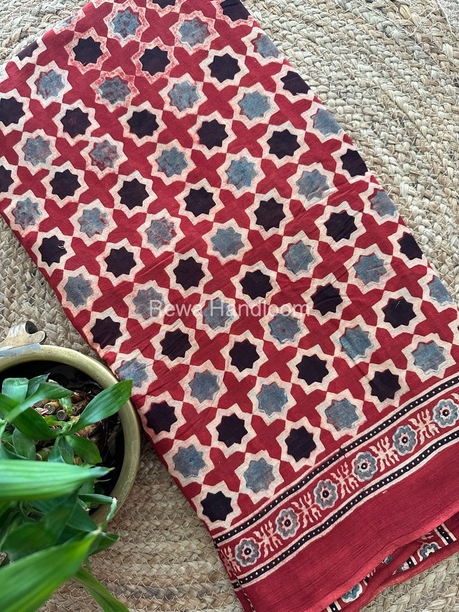 Red Ajark Print Cotton Saree AJP01