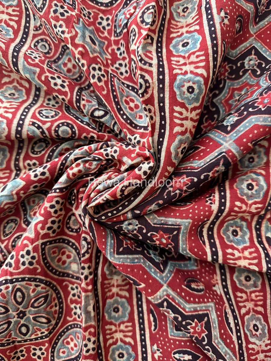 Red Ajark Print Cotton Saree AJP01