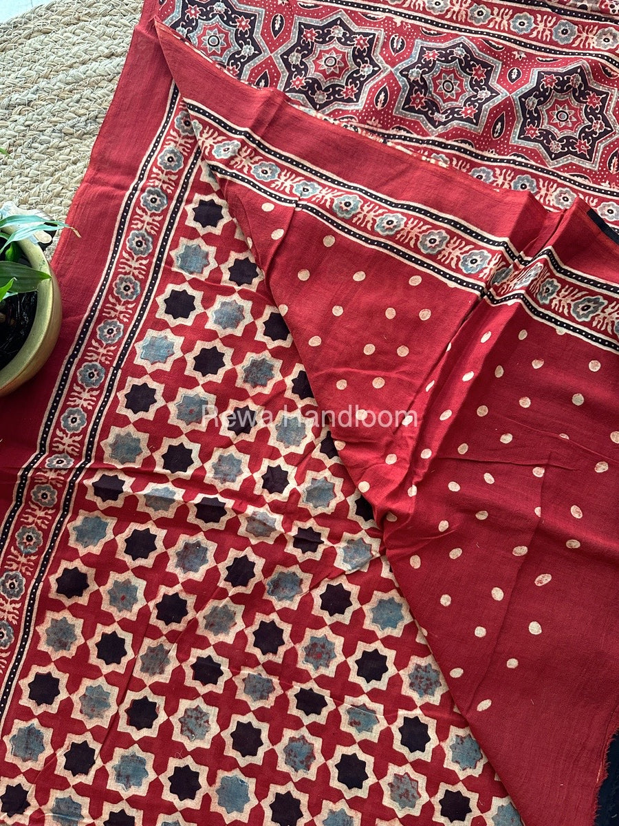 Red Ajark Print Cotton Saree AJP01