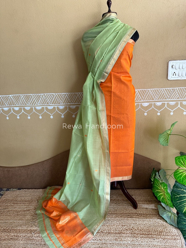 Maheshwari Orange-Pista Green Motifs Top-Dupatta Set PST0157