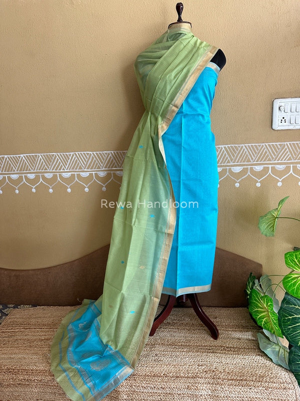 Maheshwari Sky Blue-Pista Green Motifs Top-Dupatta Set PST0163