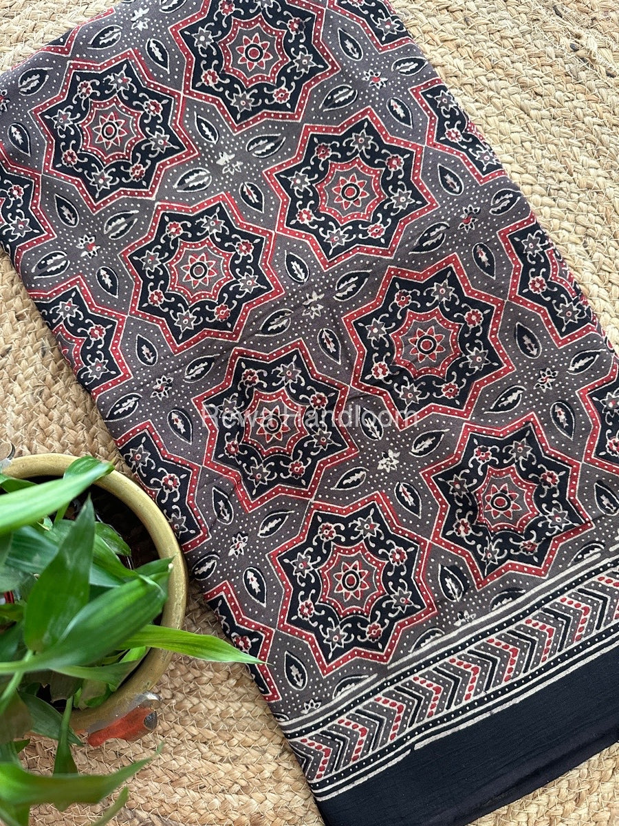 Olive Grey Ajark Print Cotton Saree AJP011