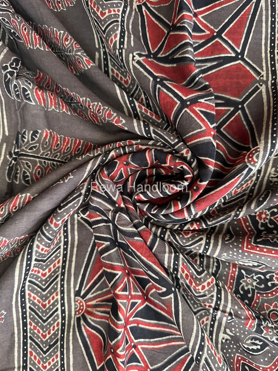 Olive Grey Ajark Print Cotton Saree AJP011
