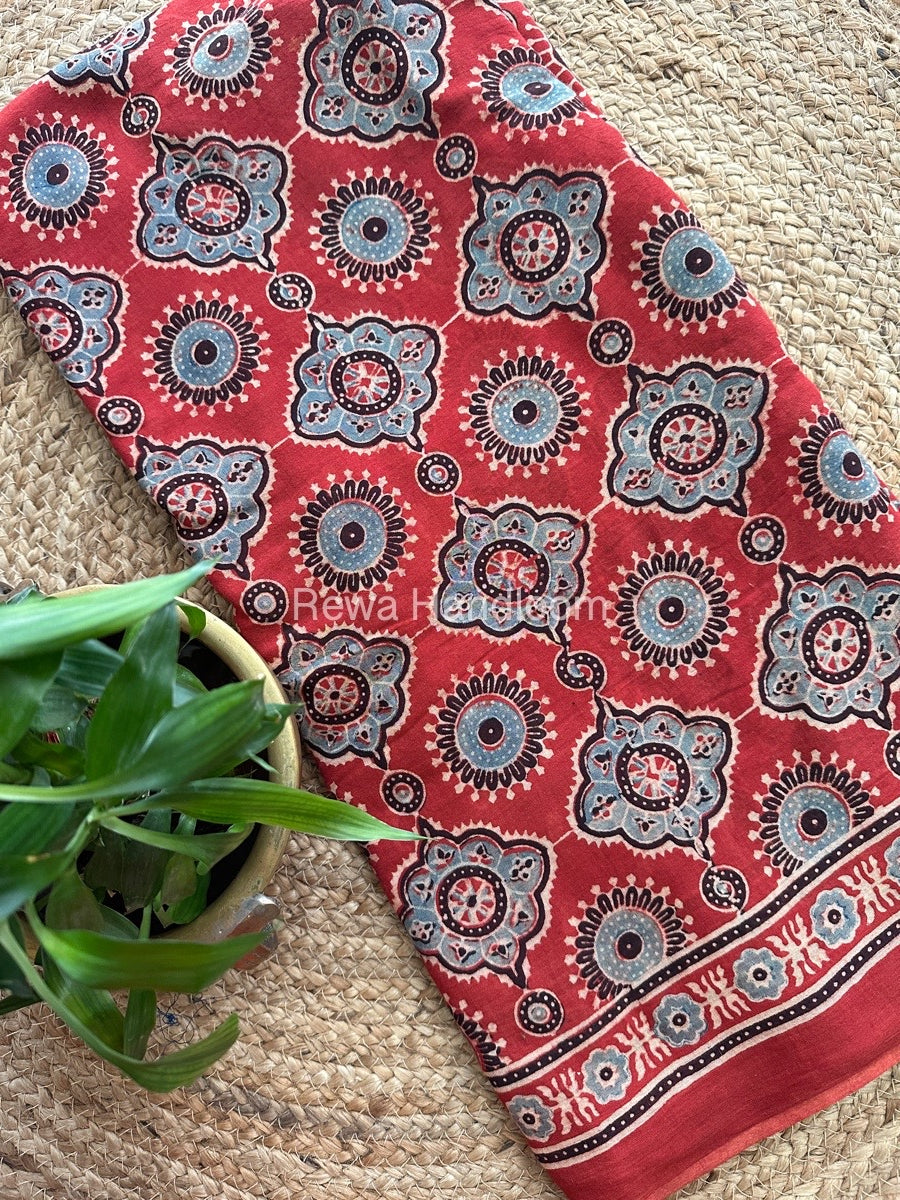 Rust Red Ajark Print Cotton Saree AJP04