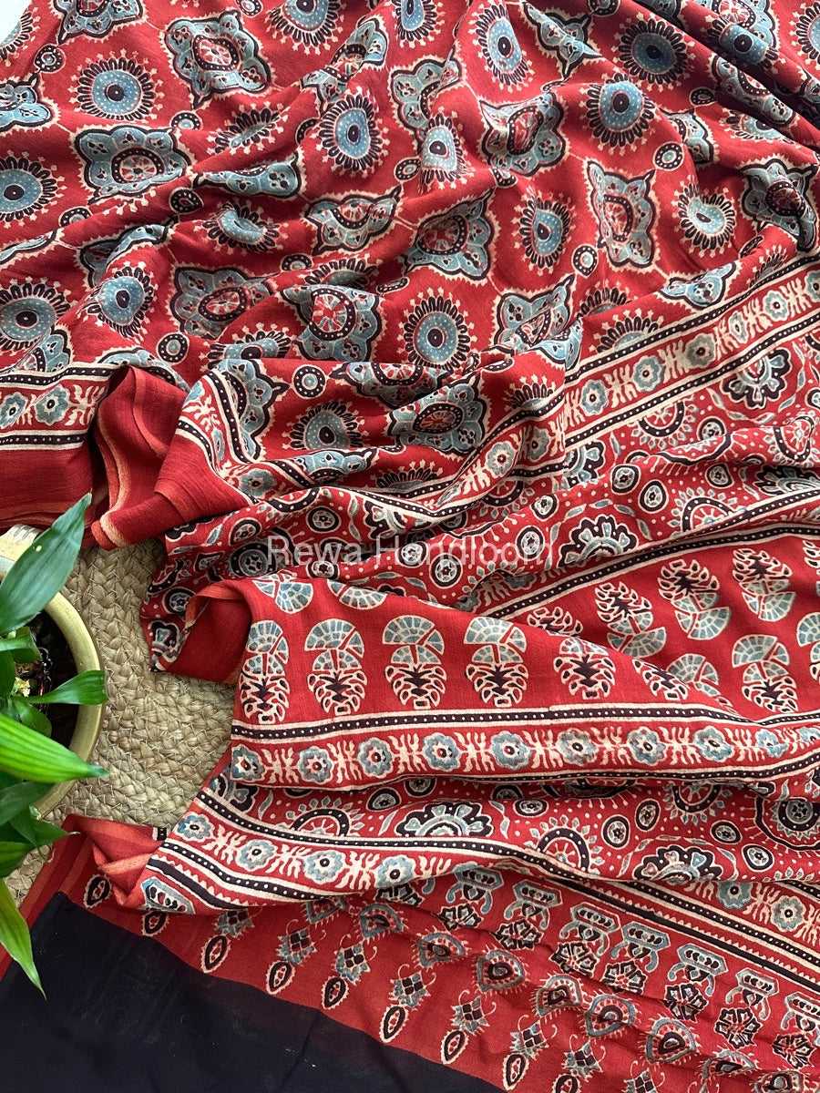 Rust Red Ajark Print Cotton Saree AJP04