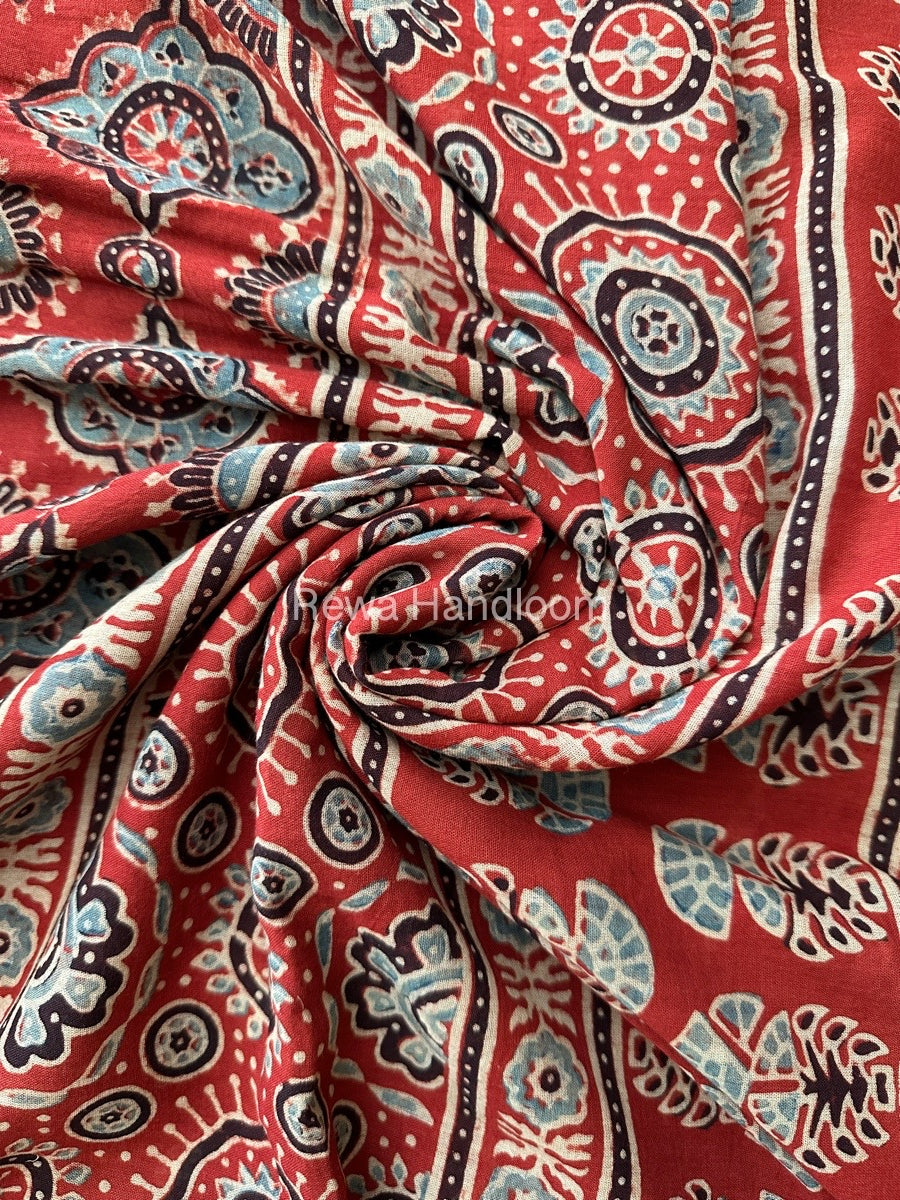 Rust Red Ajark Print Cotton Saree AJP04
