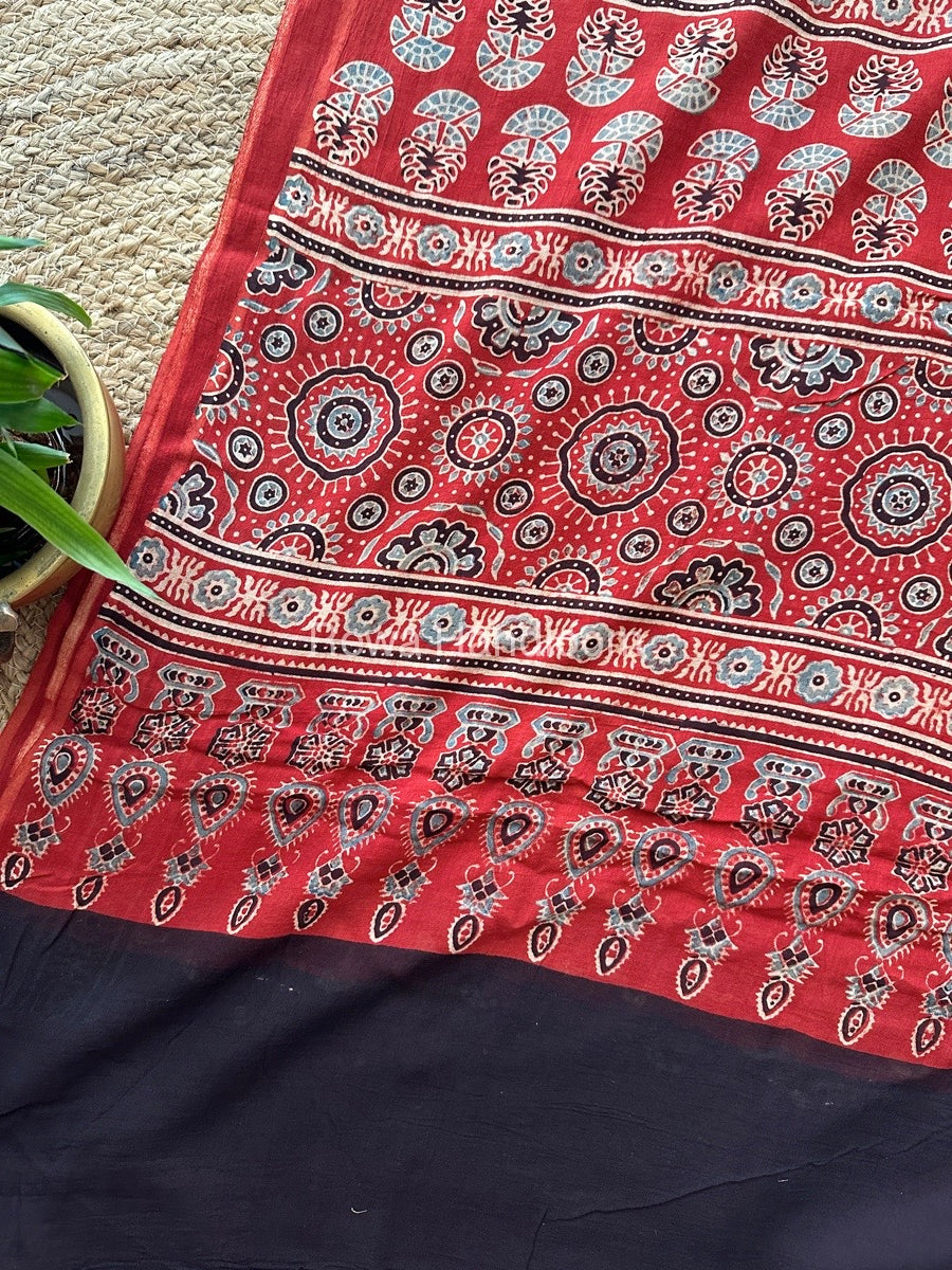 Rust Red Ajark Print Cotton Saree AJP04