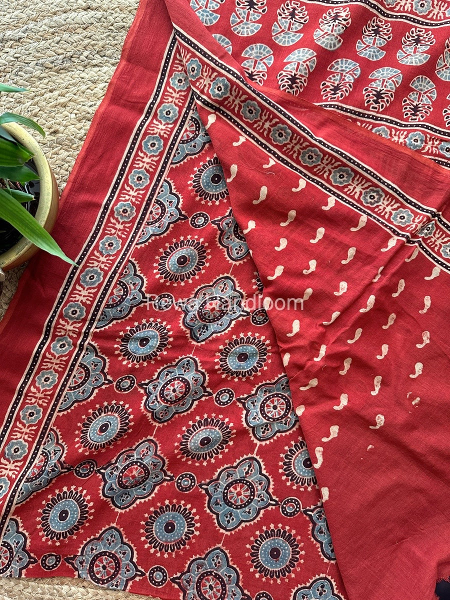 Rust Red Ajark Print Cotton Saree AJP04