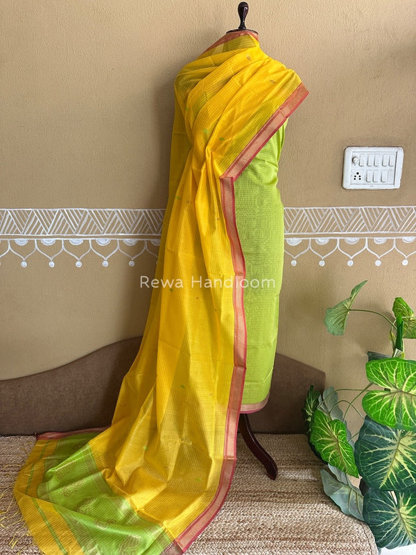 Maheshwari Parrot Green-Yellow Motifs Top-Dupatta Set PST0160