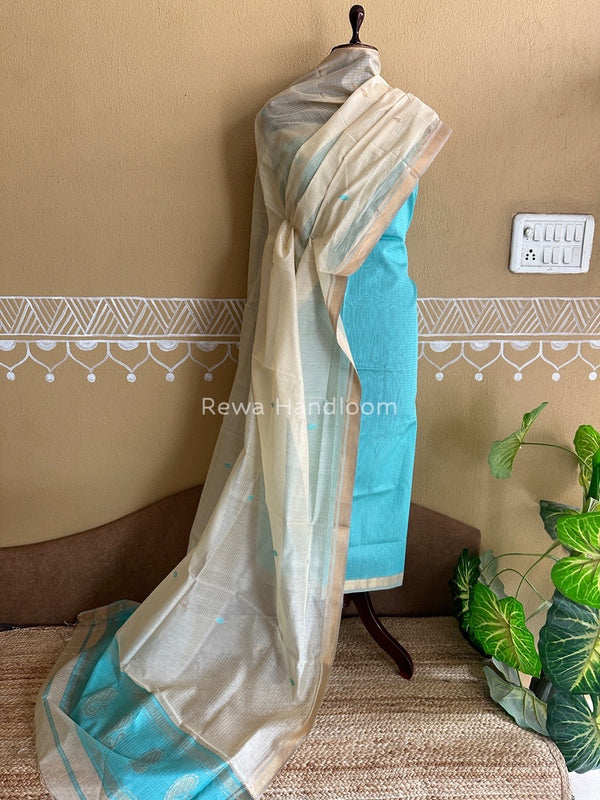 Maheshwari Sky Blue-Off White Motifs Top-Dupatta Set PST0161