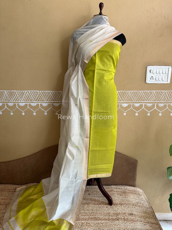 Maheshwari Bright Yellow-Off White Motifs Top-Dupatta Set PST0115