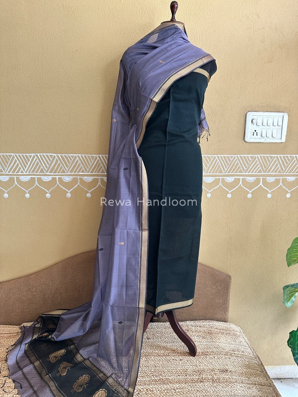 Maheshwari Dark Green-Light Purple Motifs Top-Dupatta Set PST0121